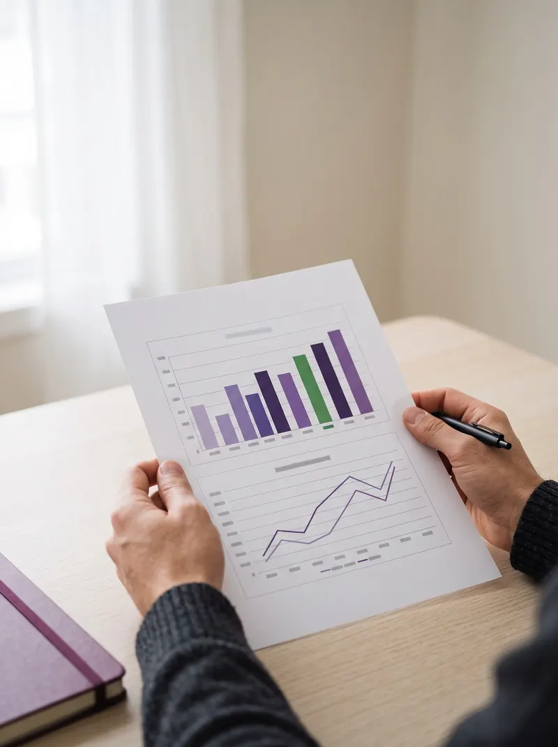 Mãos segurando um relatório impresso com gráficos de barras e de linha em tons de roxo